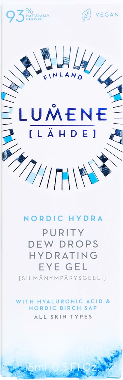Etikett for kosmetikkprodukt for Lumene Nordic Hydra Purity Eye Gel, med blå og hvit design med viktige produktdetaljer.