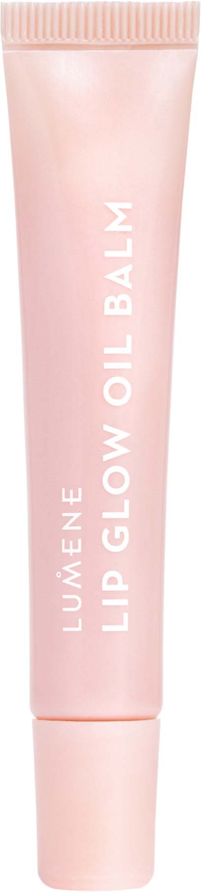 Rosa Tube mit der Aufschrift 'LUMÉNE' Lip Glow Oil Balm, wahrscheinlich ein Kosmetikprodukt für Lippen.