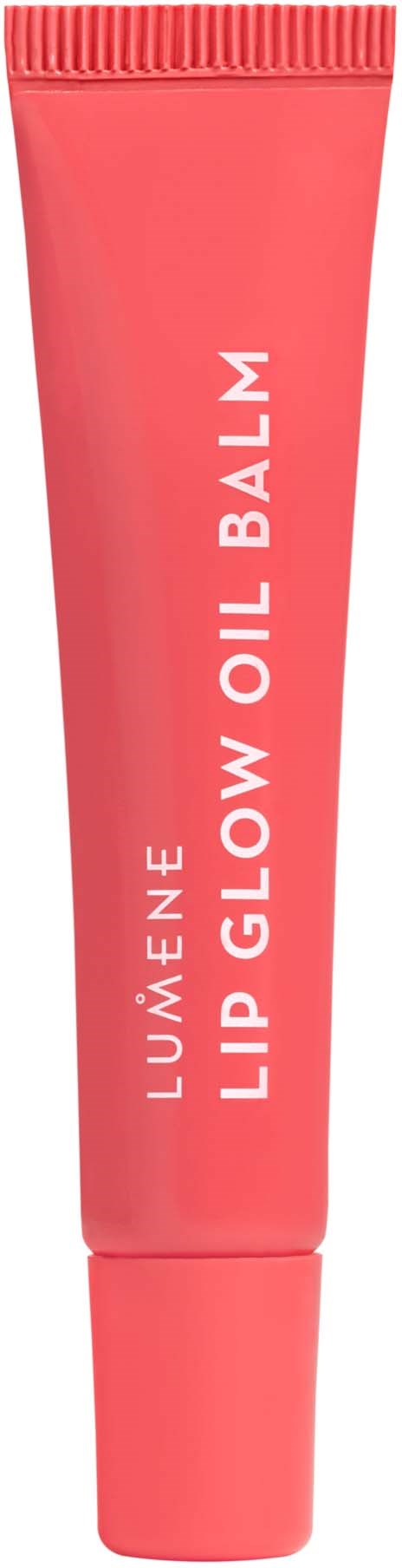 Rote Tube mit Aufdruck 'LÙMÈNE Lip Glow Oil Balm'. Tragbarer Lippenbalsam.