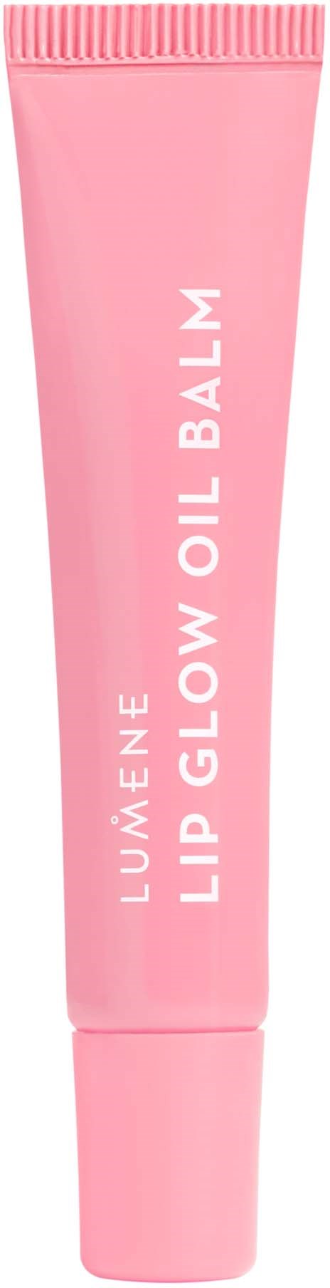 Roze tubes met 'LUMÈNE Lip Glow Oil Balm' geschreven erop, rechtop staand.
