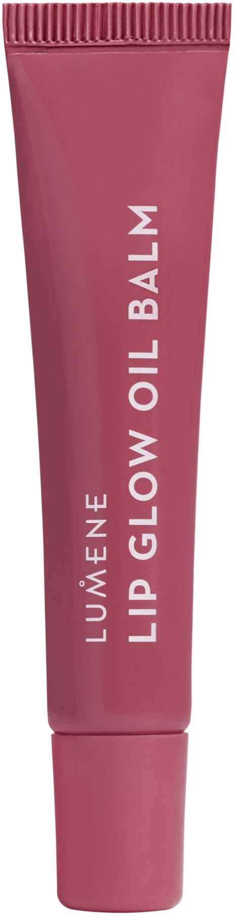 Een roze tube met de tekst 'LUMÉNE LIP GLOW OIL BALM'. Het lijkt een lippenbalsemproduct.