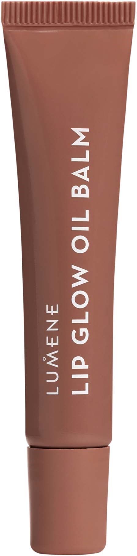 Ein brauner Tuben mit der Aufschrift 'LUMÉNE LIP GLOW OIL BALM', steht aufrecht.