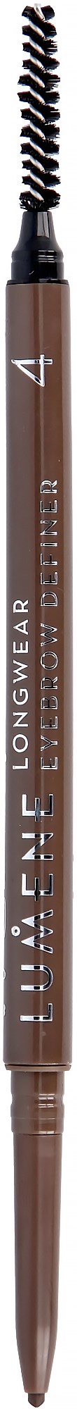 A brown retractable eyebrow pencil with a brush on the cap, labeled with the number 4 and brand info.