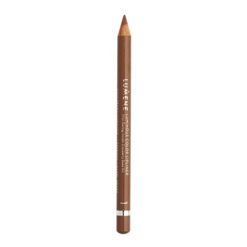 A brown pencil with white text, thin and upright, with a small sharpened tip.