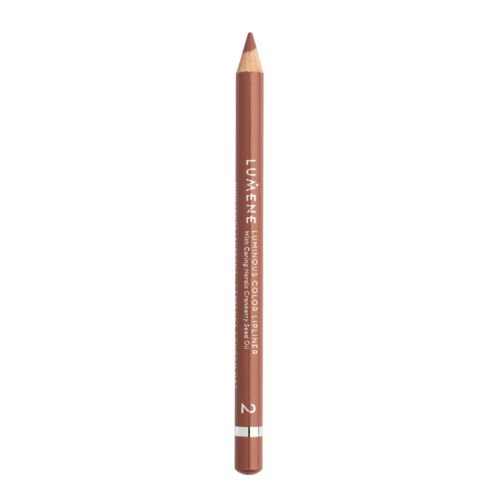 A beige makeup pencil with white text and a white number 2 on the side.