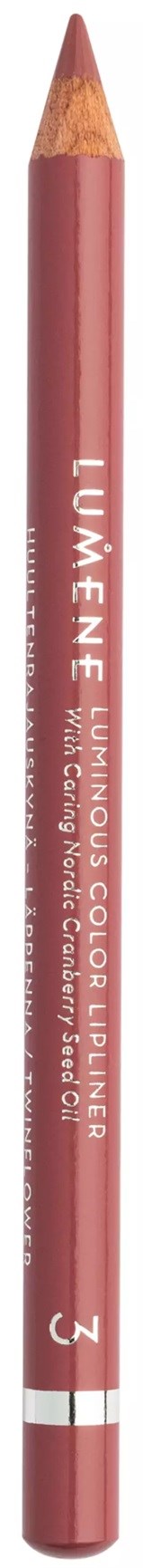 A pink lip liner pencil with white text and a sharpened tip.