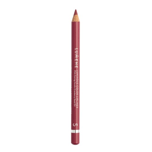 A red lip liner pencil with white text, labeled as "Luminous Color Lip Liner" and number 5.