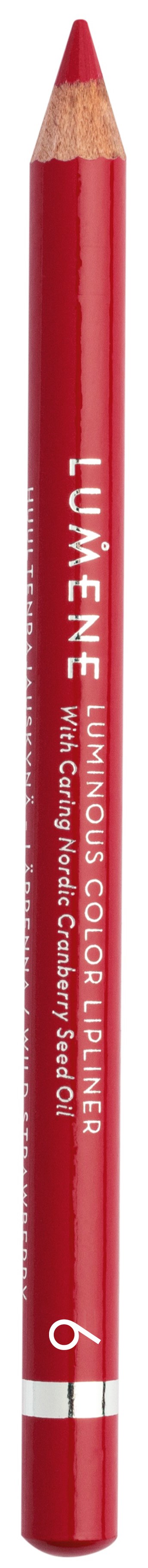 A red lipstick pencil with white text, pointed tip, and branding on the body.