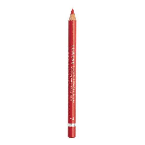 A red pencil with white text and a white band near the bottom, standing upright.