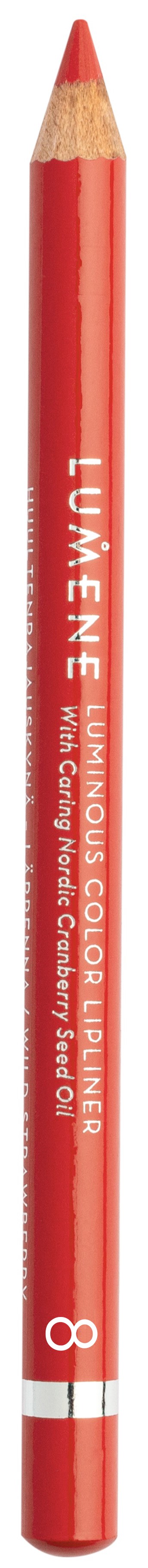 A red lip liner pencil, labeled '11', with a sharpened tip and text about vivid color and easy application.