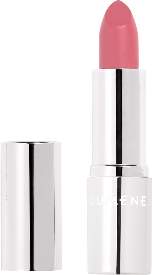 Ein rosa Lippenstift in einer weißen und silbernen Hülse ohne Deckel.