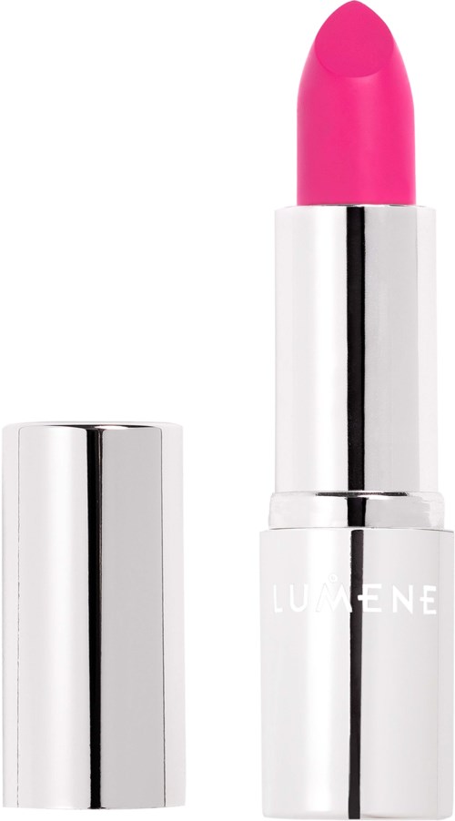 Ein rosa Lippenstift mit silberner und weißer Verpackung, ohne Deckel, zeigt den Lippenstift darin.