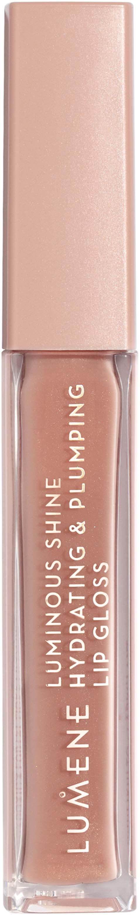 Ein Lippen Gloss mit zartrosa Farbe und goldener Kappe, beschriftet mit 'LUMÈNE Hydrating & Plumping Lip Gloss'.