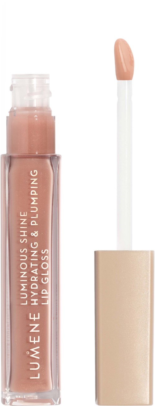 Lippen Gloss mit hellrosa Farbton, offene Verpackung und Applikatorpinsel daneben.