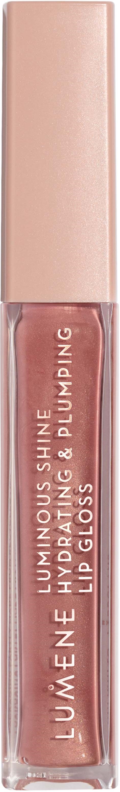 Ein Lippenstift-Tube mit rosa Kappe und glänzender pfirsichfarbener Flüssigkeit.
