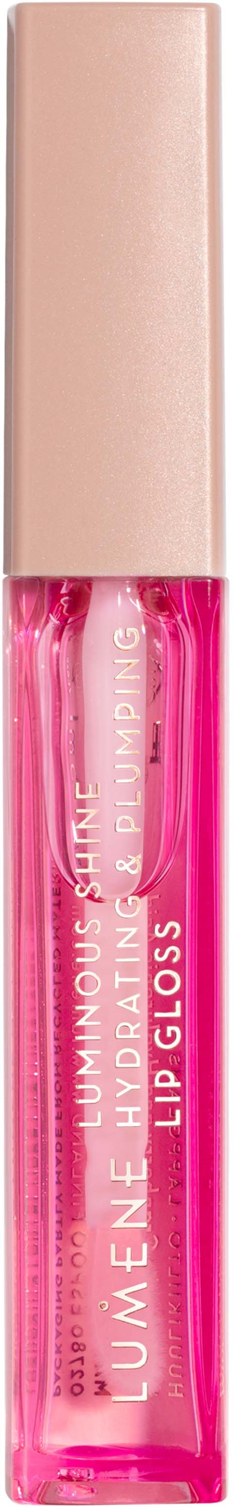 Een roze lipgloss in een doorzichtige tube met een beige dop. Het merk 'LUMENE' is op de tube zichtbaar.
