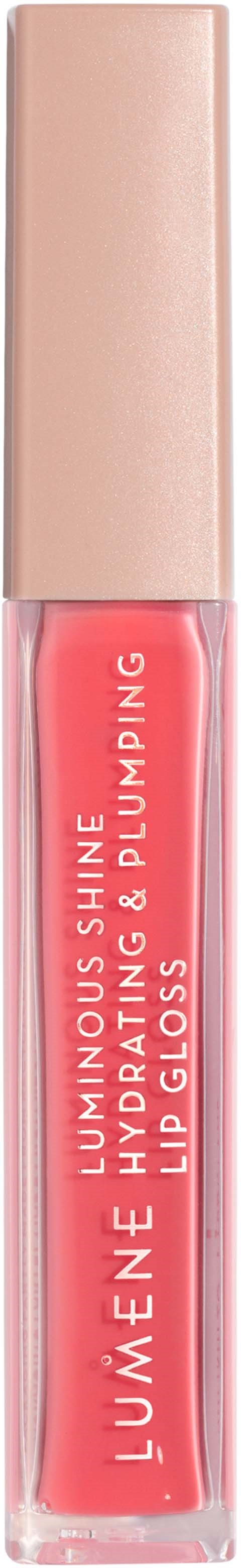 Ein rosa Lippenstift mit beigem Deckel, beschriftet mit 'Luminous Shine' und 'Lip Gloss'.