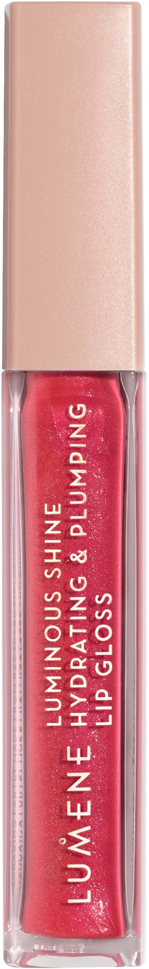 A lip gloss tube with a pink shade and gold cap, labeled 'LUMENE SHINE' and 'LIP GLOS.'