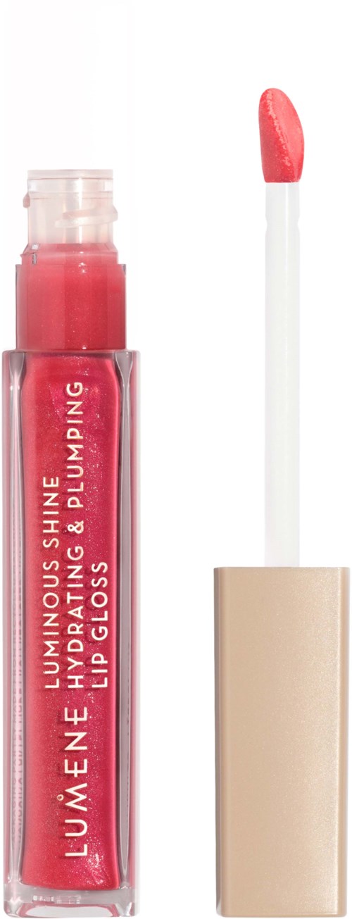 Lip gloss tube with a pink color and an applicator wand beside it.