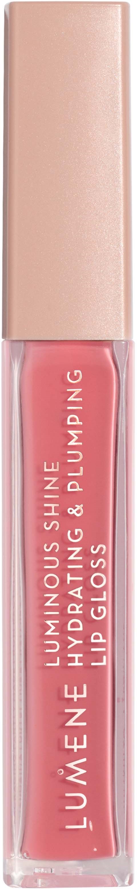 Eine kleine Tube mit Lipgloss mit der Aufschrift 'Lumière' und rosa Flüssigkeit, beige Kappe.