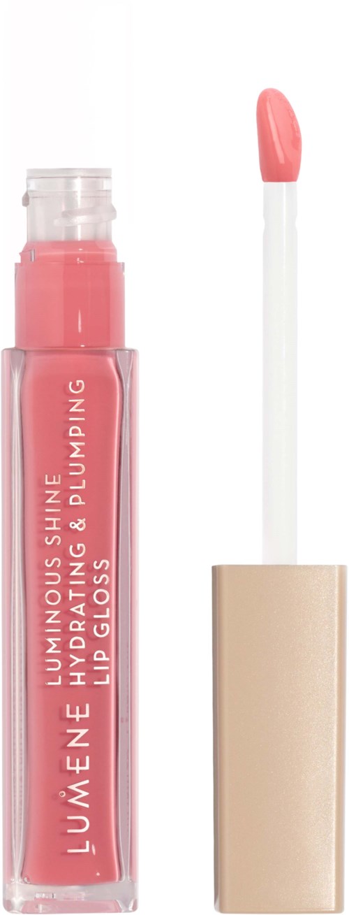 Ein pinkes Lipgloss-Röhrchen mit weißem Applikator und beigem Deckel.