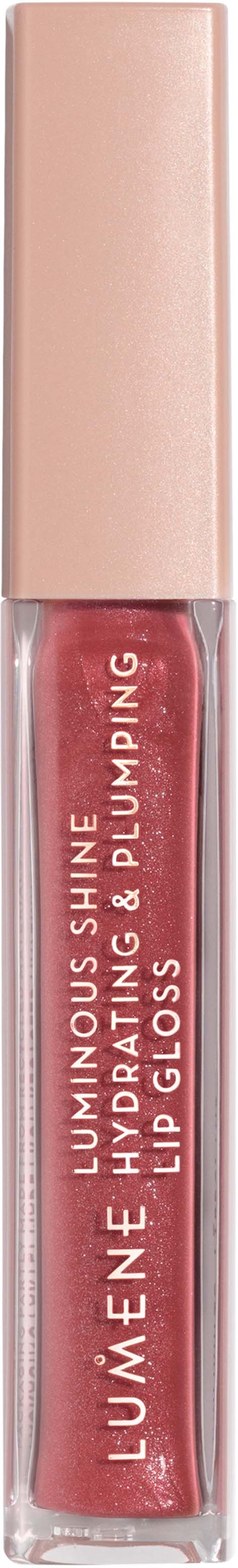 A lip gloss tube with a pink cap and shiny, pinkish-red product inside.