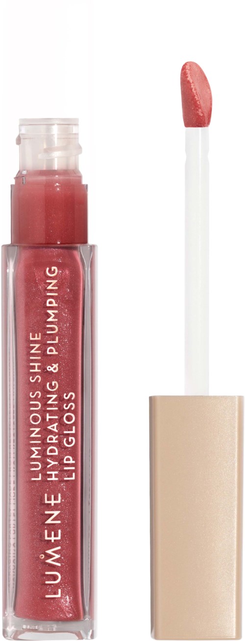 Lip gloss with a pinkish shade in a clear tube and a wavy brush applicator.