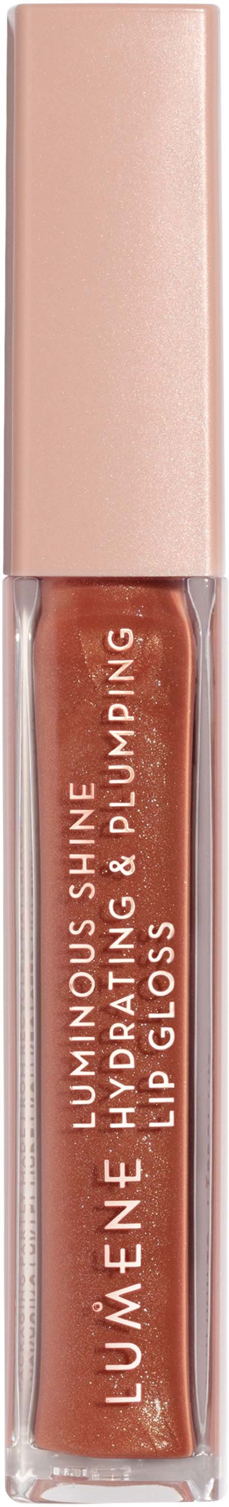 Ein Lipgloss-Röhrchen mit beigem Deckel, zeigt das Produkt ist für Lippen, in glänzender, metallischer Farbe.