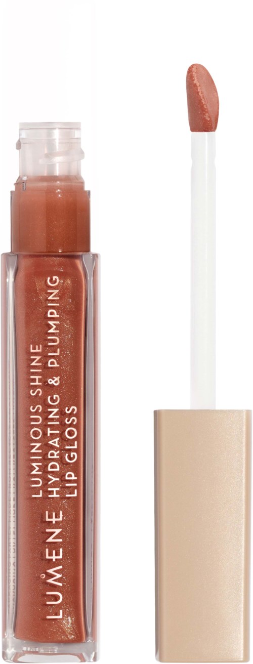 Ein Lipgloss mit Applikator, zeigt eine peachfarbene Nuance.