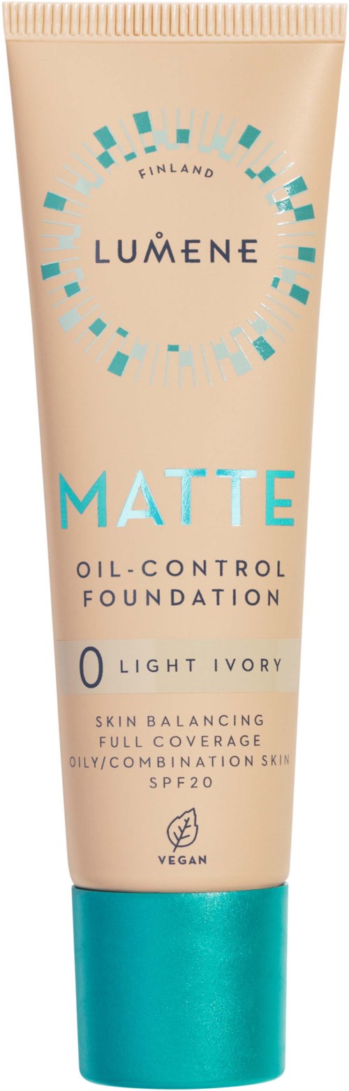 A tube of Lumene Matte Oil-Control Foundation in light ivory, designed for oily skin with full coverage and SPF20.
