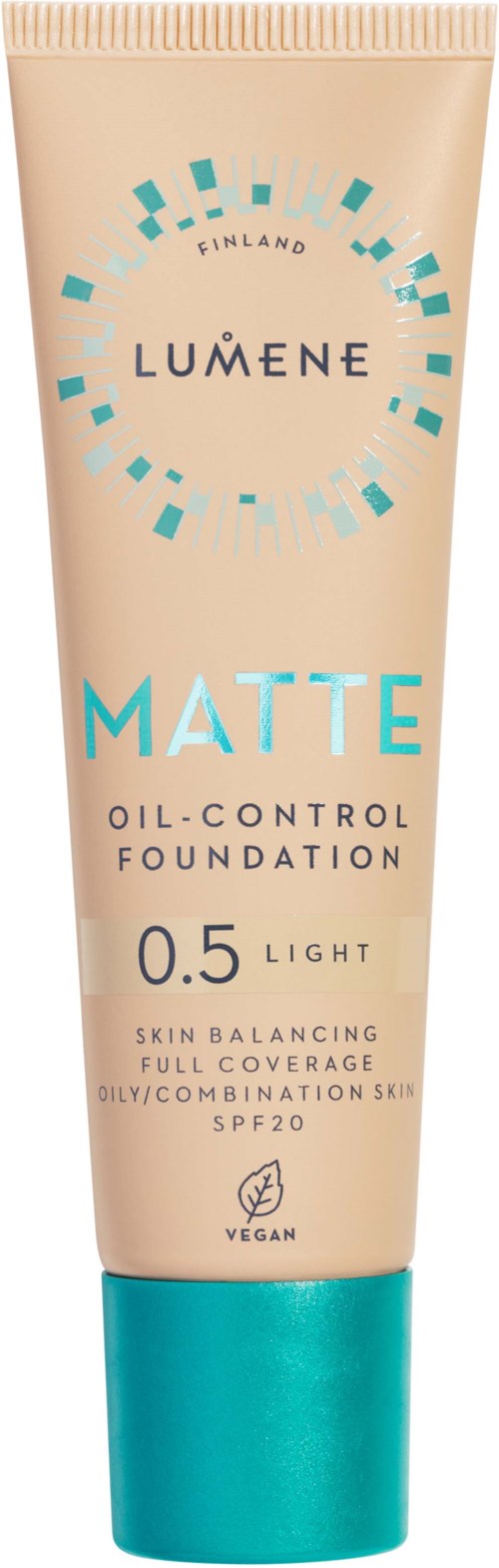 Eine Tube Lumene Matt Öl-Kontroll Foundation Nummer 0,5 Helle mit SPF 20, für Hautbalance und volle Abdeckung.