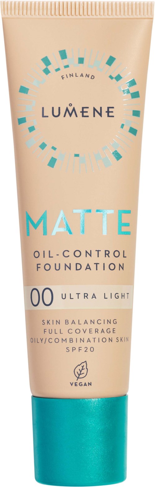 Ein beige Tube von Lumene Matte Öl-Kontroll-Foundation mit blauen Akzenten, für ultra-leichten Schutz und Sonnenschutz.