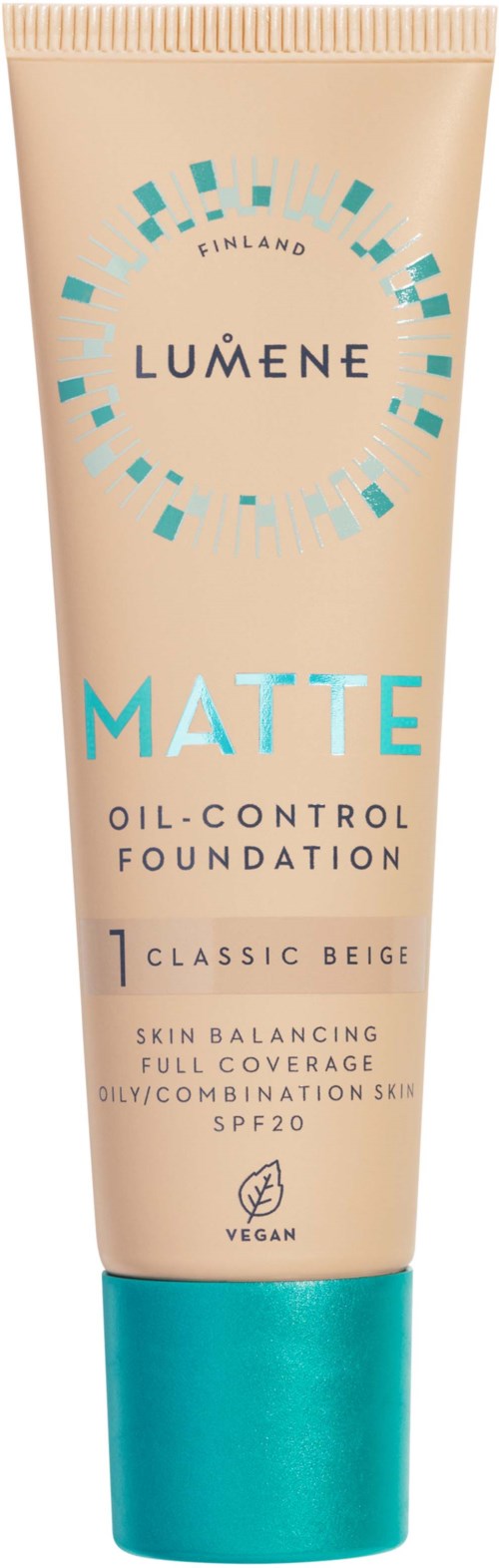 Een beige tube Lumene matte foundation met een turquoise dop, gemarkeerd als oliecontrole, full coverage, SPF 20, veganistisch.