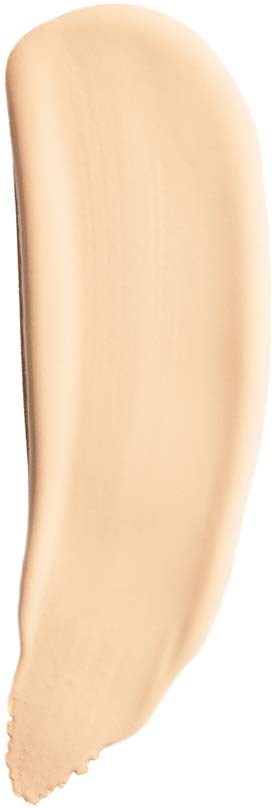 Een beige, langwerpige vlek met een lichte kromming en afgeronde uiteinde, lijkt op een likje crème of lotion.
