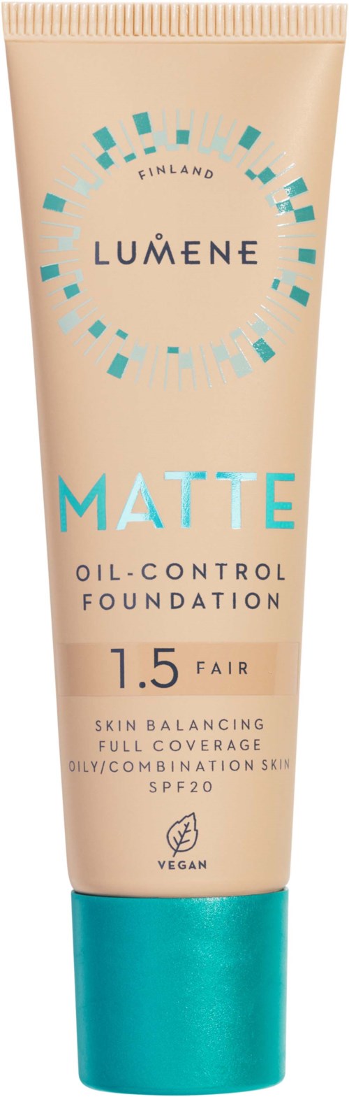A tube of Lumene matte oil-control foundation, shade 1.5 Fair, with SPF 20 and full coverage for skin balancing.