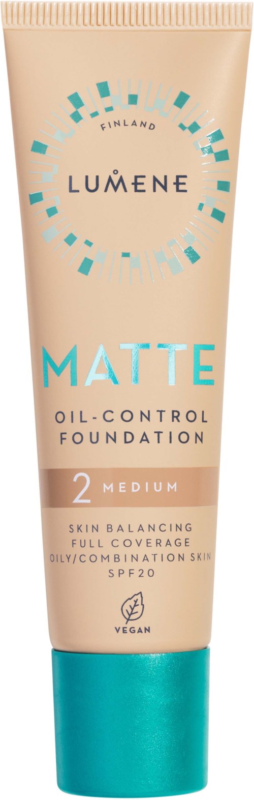 A beige tube of Lumene Matte Oil-Control Foundation with a turquoise cap, showing medium coverage and SPF 20.
