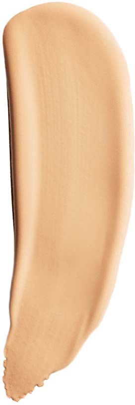 A beige, curved makeup sponge with a rounded tip and flat base.