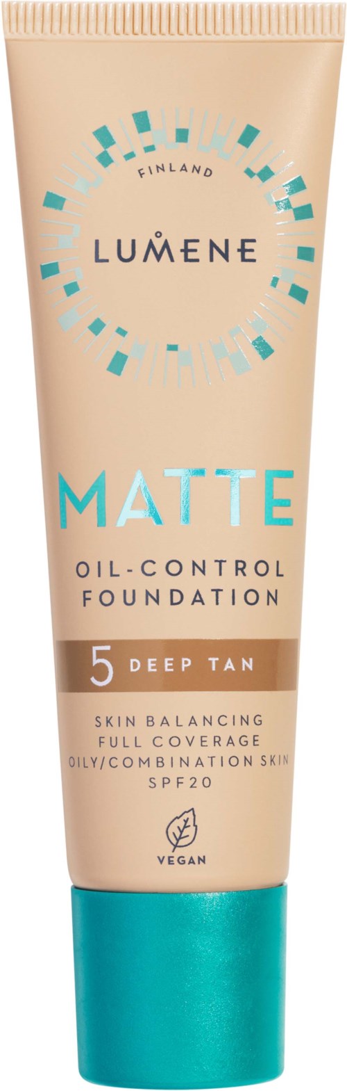 Ein beiger Tuben Lumene Matte ölkontroll-Foundation mit türkisfarbenem Deckel, SPF 20, vegan.