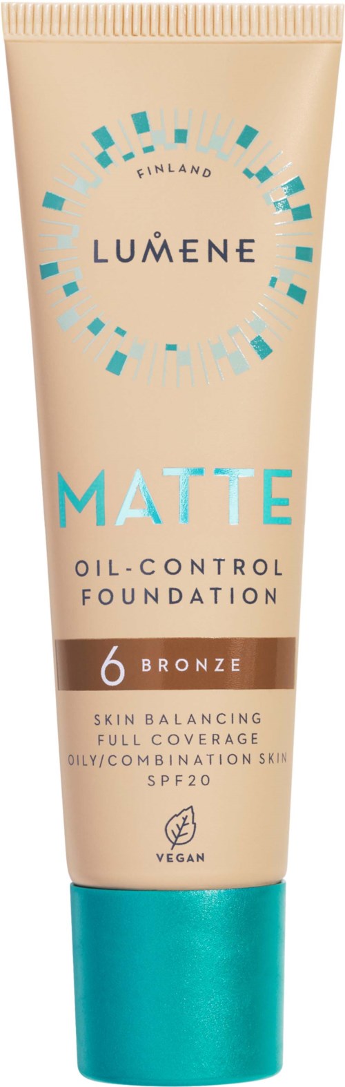 A beige tube of Lumene Matte Oil-Control Foundation with a turquoise cap, labeled SPF20, for skin balancing and full coverage.