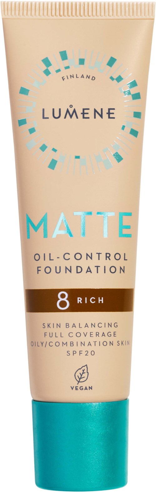 Beige Tube von Lumene Matt Oil-Control Foundation, mit SPF20, Farbnummer 8, vegan.
