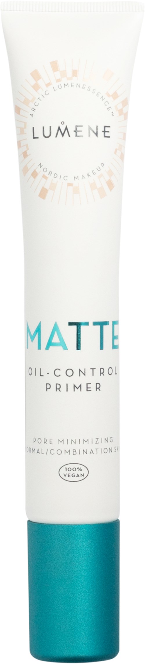 Valkoinen putkilopakkaus, jossa on teepäinen korkki, nimeltä Lumene Matte Oil-Control Primer, iholle, minimalistisella tekstillä ja logolla.