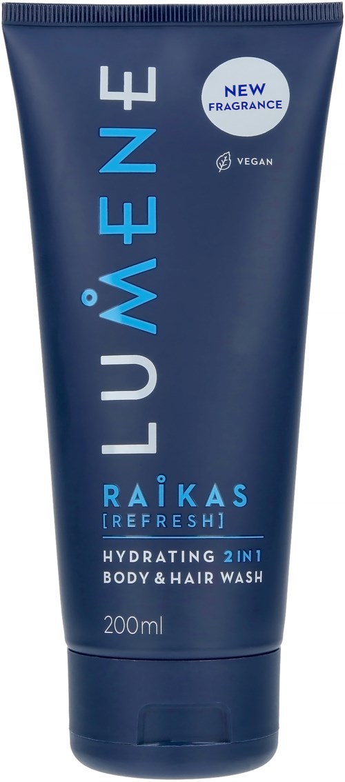 Eine dunkelblaue Tube mit Körper- und Haarwäsche, mit hellblauer und weißer Schrift, erwähnt neuen Duft und vegan.