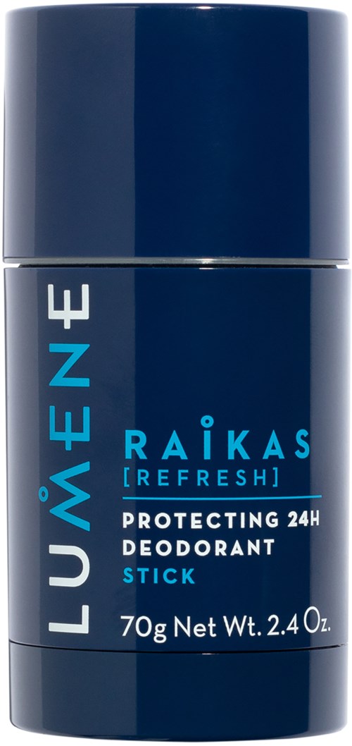 Sininen deodoranttitikkuhylsy, jossa on valkoinen ja sininen teksti, nimeltä 'LUMENE RAIKAS REFRESH,' suojaa 24 tuntia.