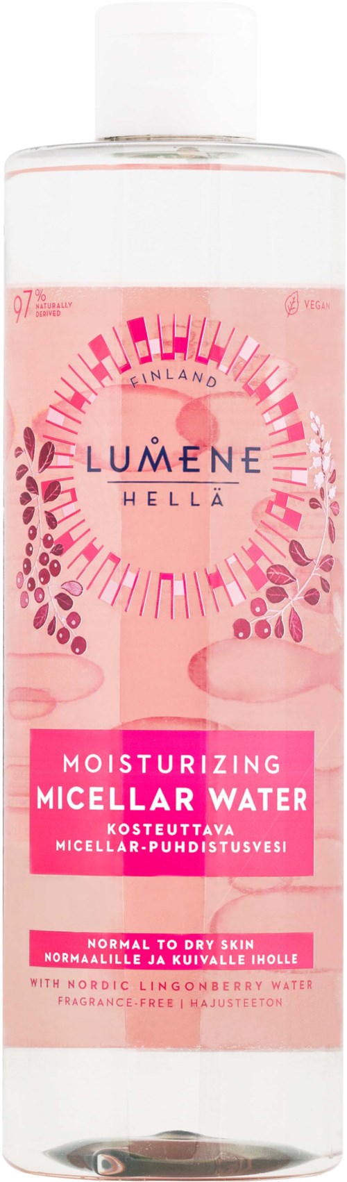 Eine klare Flasche mit rosa feuchtigkeitsspendendem Mizellenwasser, weißem Deckel und rosa Etikett, zeigt Produktdetails.