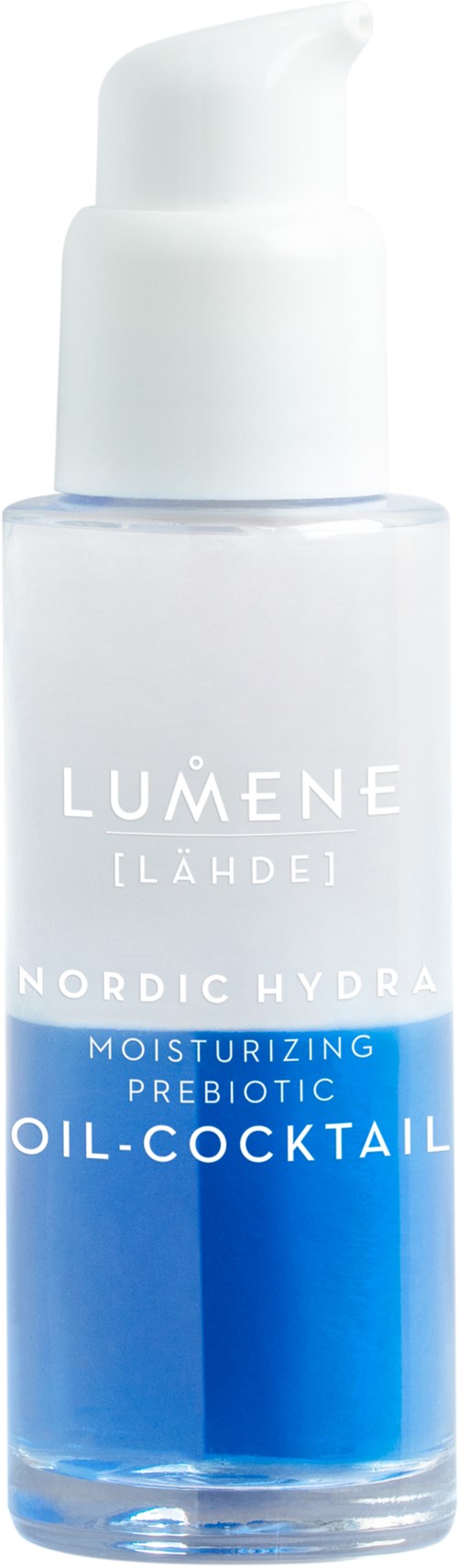 Een doorzichtige fles met een wit pompsysteem, label Lumene Nordic Hydra Oil-Cocktail, blauwe en witte tekst, hydraterend product.