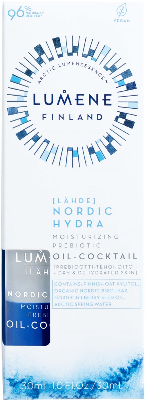 Verpakking van een huidverzorgingsproduct in blauw en wit met merk Lumene en ingrediënten zoals Nordic Hydra.
