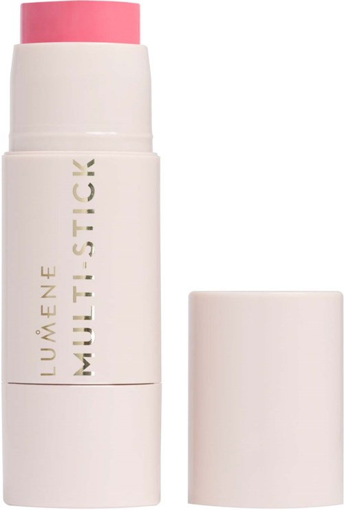 Een witte en roze lippenstift met verwijderbare dop, gemerkt 'LUMÈNE MULTISTICK'.