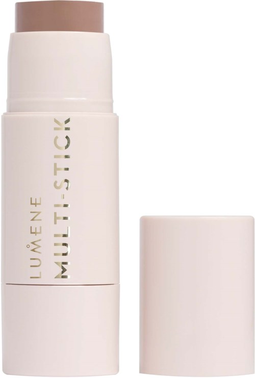 A white cosmetic tube with a brown cap, labeled 'LUMÈNE MULTISTICK,' standing upright with the cap removed.