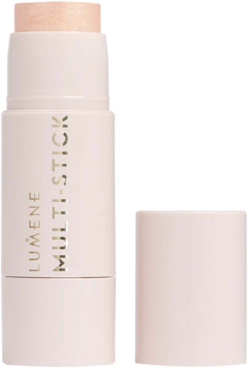 Ein weißes Kosmetikprodukt in Stiftform mit beiger Spitze und abnehmbarem Deckel, etiketti "LUMÉNE MULTI-STICK."