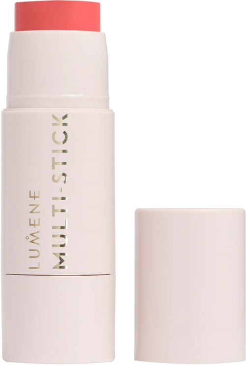 Een witte deodorantstick met roze dop, gemarkeerd "LUMÈNE MULTISTICK" in goudkleurige letters.